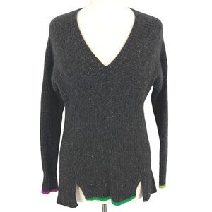 White + Warren Cashmere Speckled V-Neck Sweater Black Contrast Trim Size Small